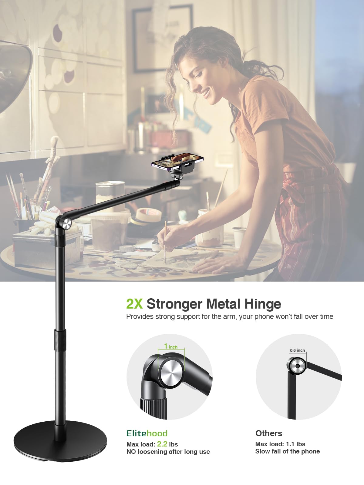 elitehood Heavy Duty Aluminum Overhead Phone Stand, 15" Long Arm, 360? Swivel, Black, Model DP1, Ideal for Filming and Crafting