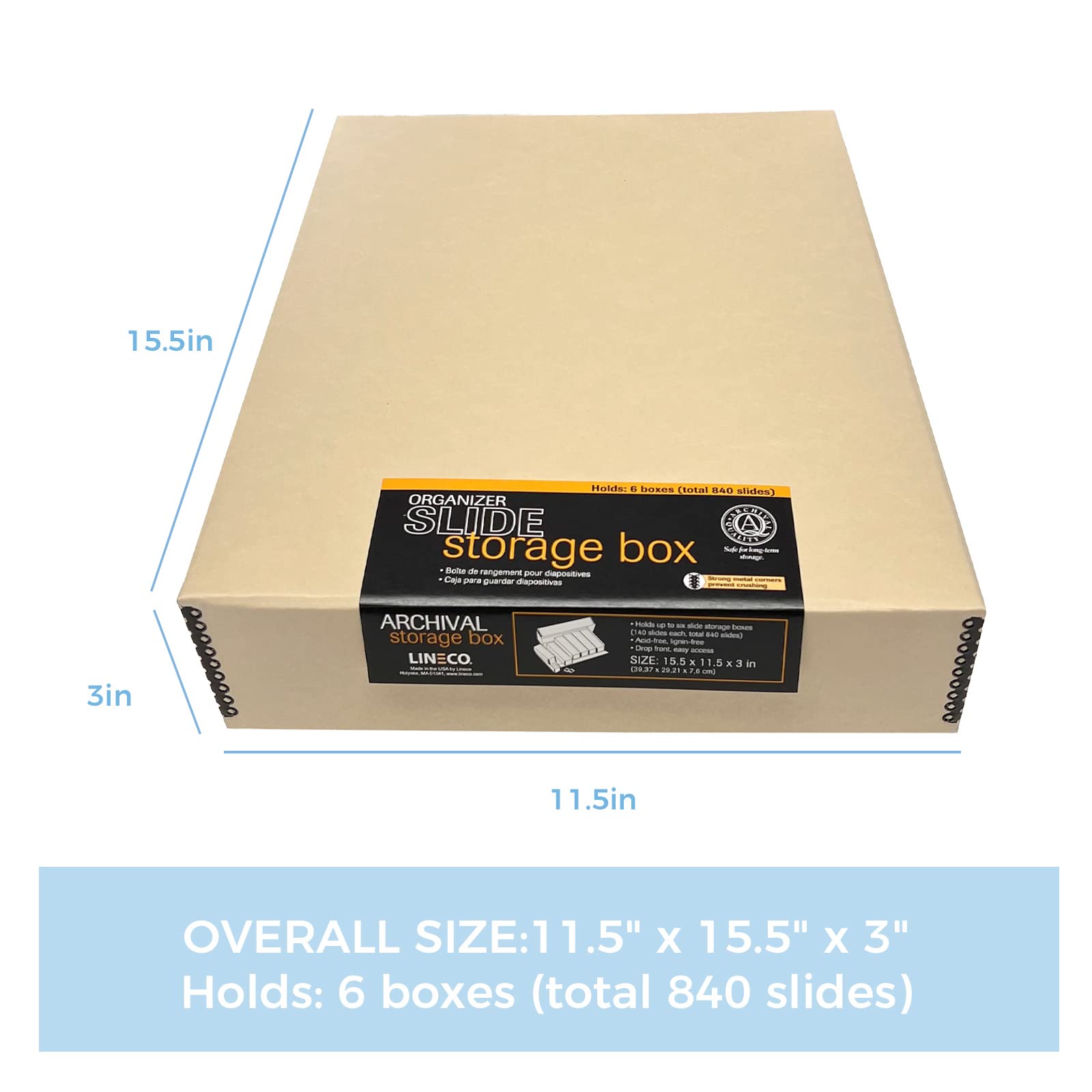 Lineco, Archival Slide Storage Box 15.5' X 11.5' X 3', Holds Up To 840 Films, With 6 Inner File Cases, Tan
