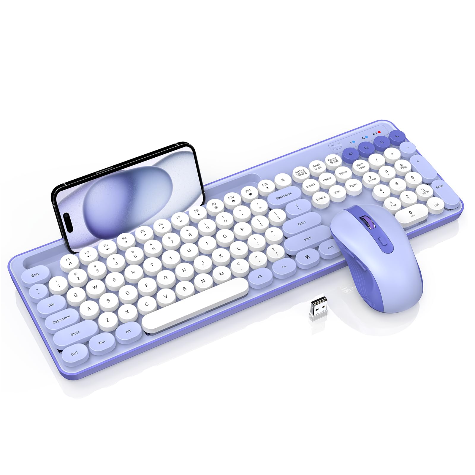 Wireless Keyboard And Mouse Combo, Retro Round Keycaps, Cute Full Size Typewriter Keyboard With Phone Holder, Sleep Mode, Click