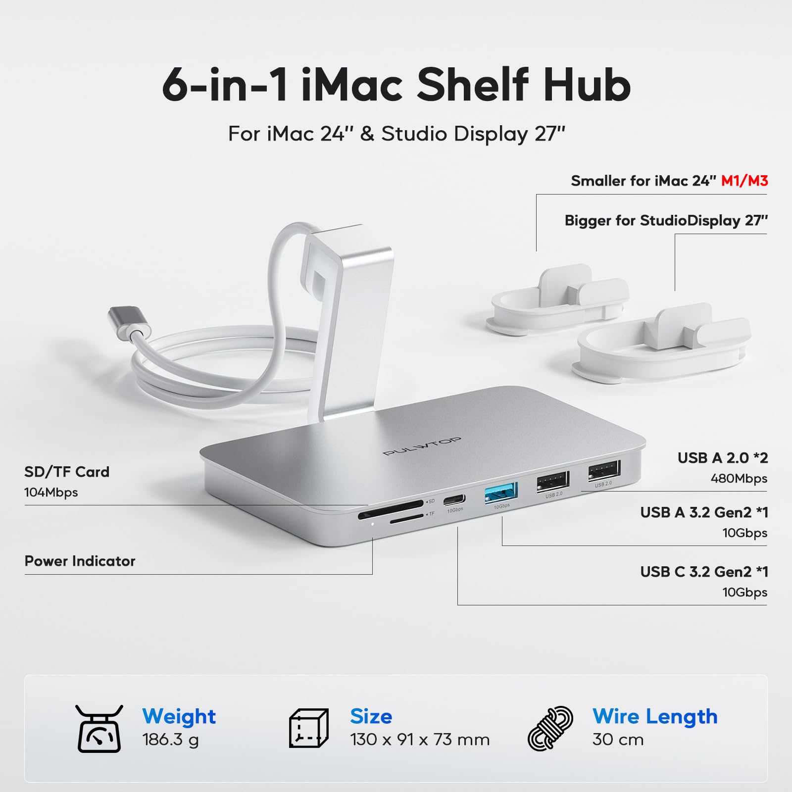 Pulwtop Usb C Hub For Imac   10Gbps, Supports M1/M3/M4, 2 Usb A 2.0, Sd/Tf Card Reader For 24 Inch Imac & Studio Display