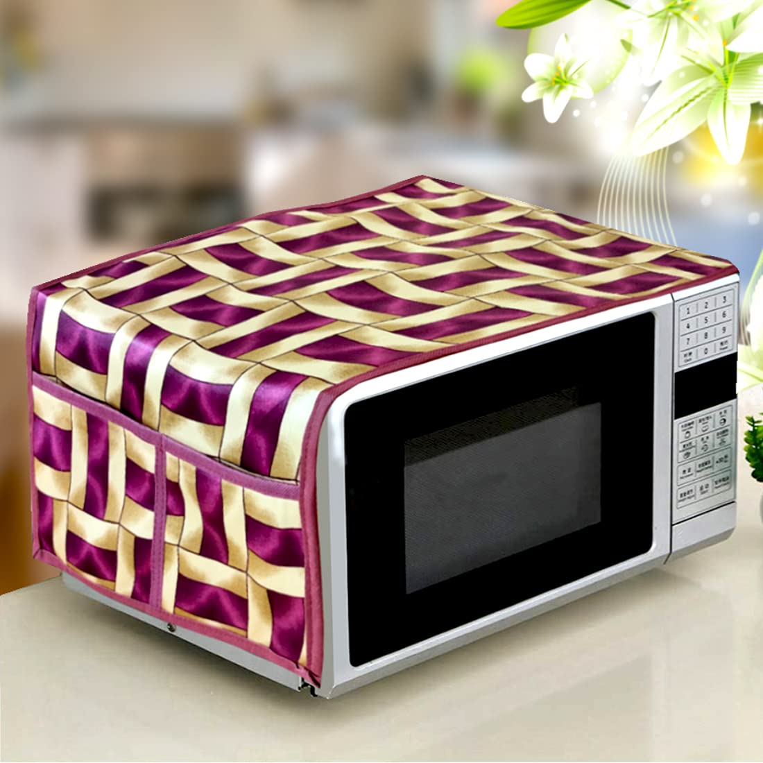 Kanushi Industries Microwave/Oven Top Cover With 4 Utility Pockets (Var2MicroPurpleGoldenLine01)