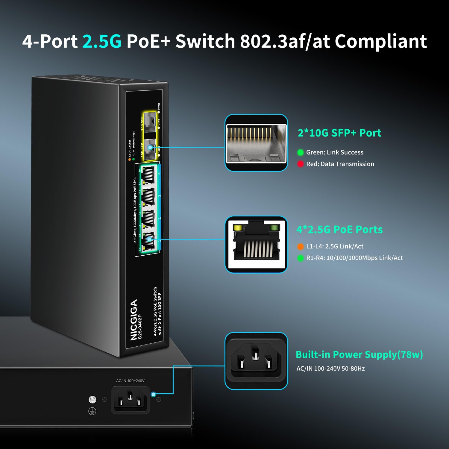 4 Port 2.5G Poe Switch Unmanaged With 4 X 2.5Gb Base T Poe+@78W + 2 X 10G Sfp Uplink, 2.5Gbe Ieee802.3Af/At Power Over Ethernet