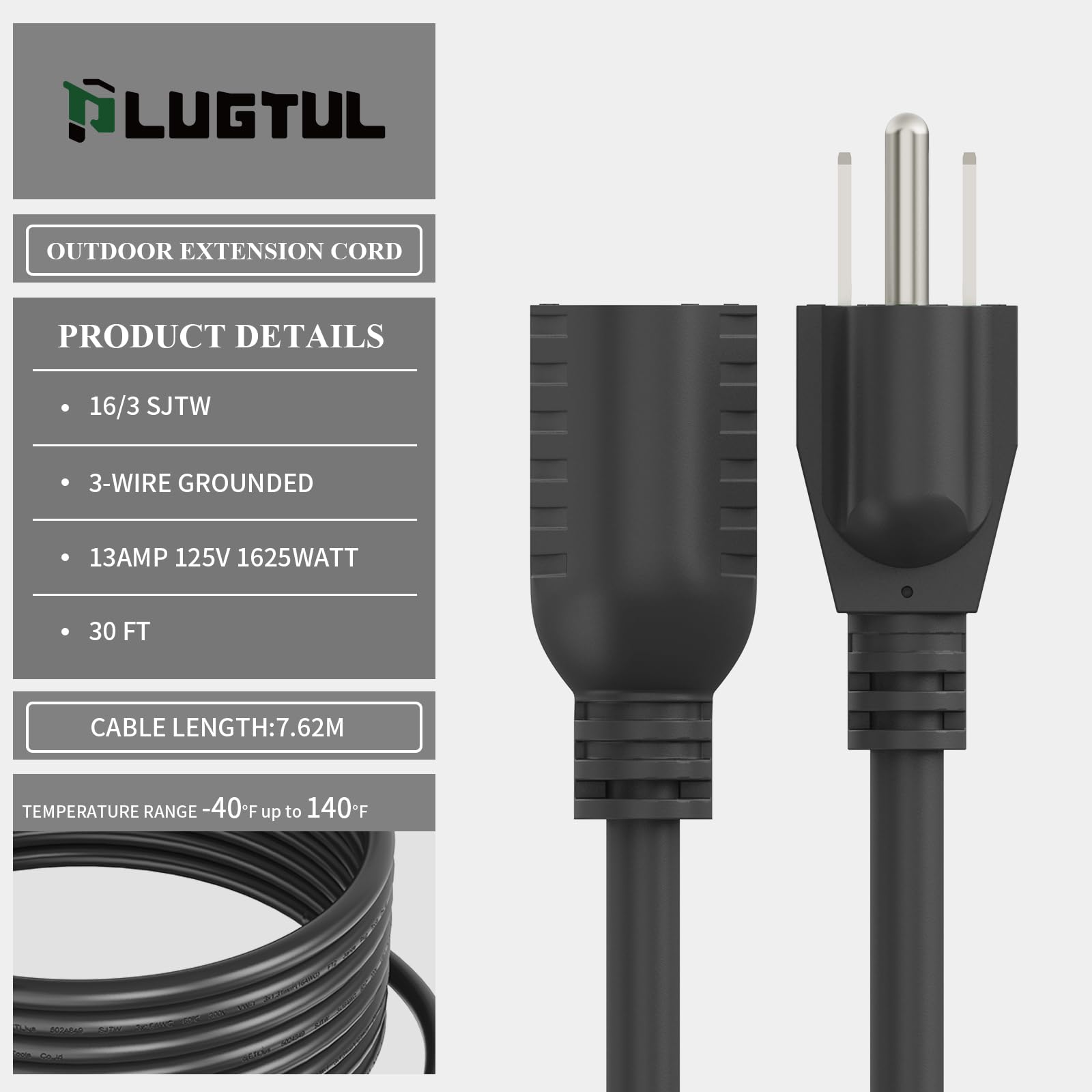 Plugtul Extension Cord 30 Ft, 16/3 Outdoor Extension Cord Waterproof, Heavy Duty 3 Prong Extension Cord Black, 13A 1625W Sjtw, E