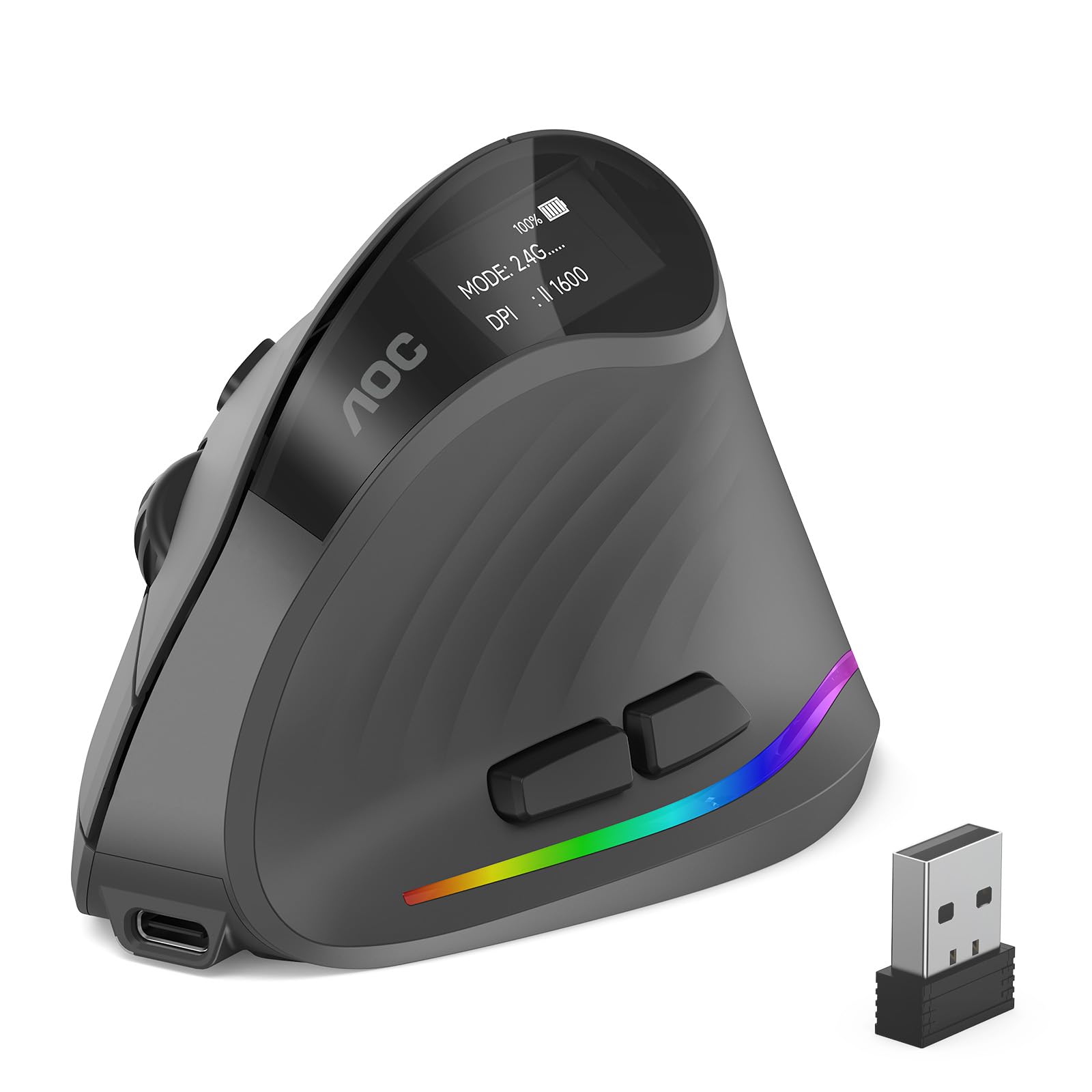 AOC 2.4GHz Ergonomic Mouse, Wireless Bluetooth Vertical Mouse for Work, 4800 DPI Optical Tracking, 5 Adjustable DPI, Quiet Click