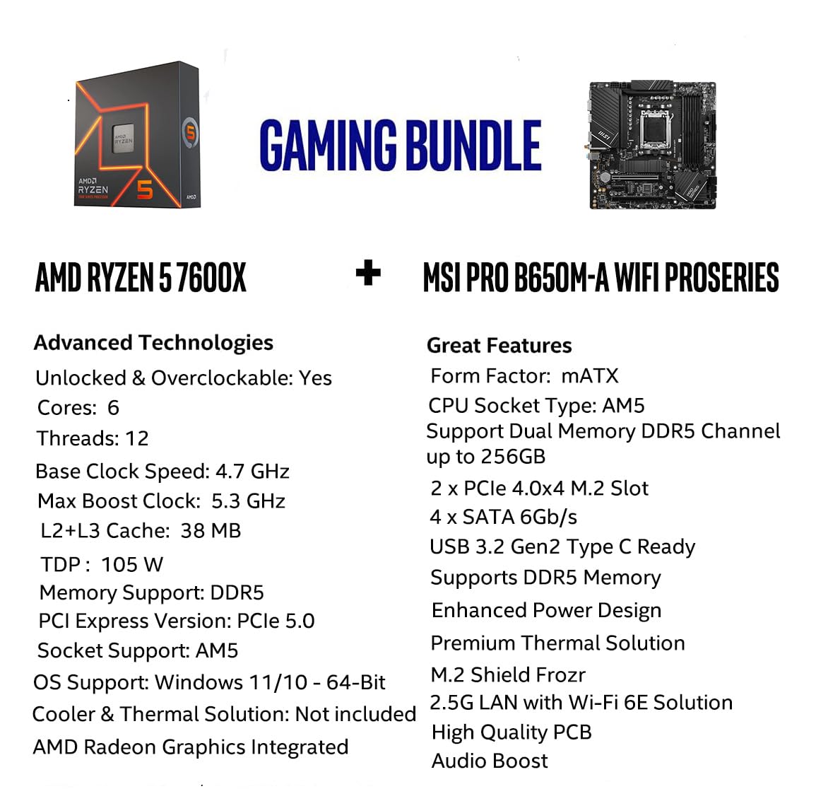Amd Ryzen 5 7600X Cpu Processor Bundle With Msi Pro B650M A Wifi Proseries Motherboard (Am5, Matx, Ddr5, M.2, Usb 3.2 Gen 2, Wi