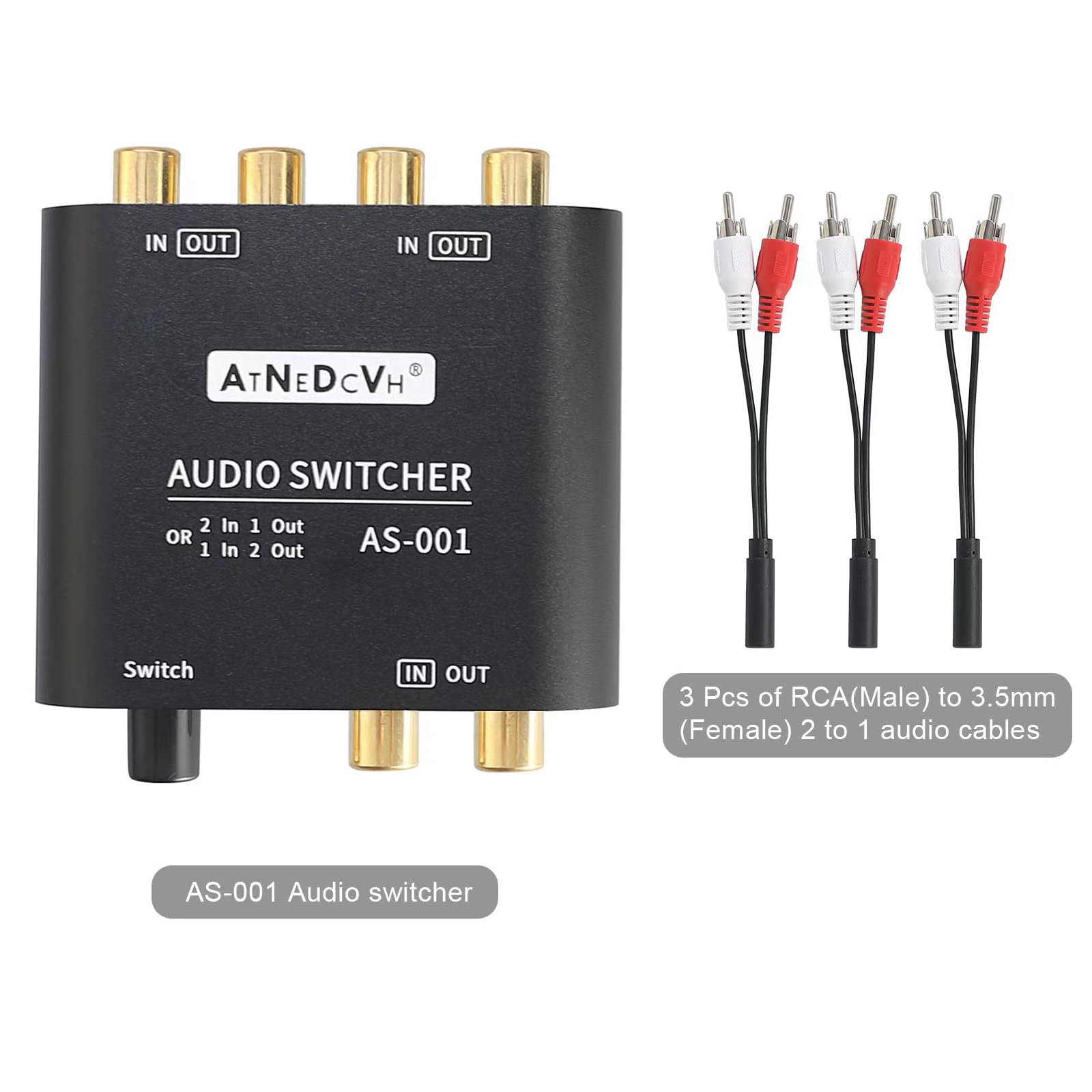 Atnedcvh Audio Switcher, Bi Directional Rca/3.5Mm Port 1 In 2 Out/2 In 1 Out, Noise Reduction Circuit Design, Compatible With Dv