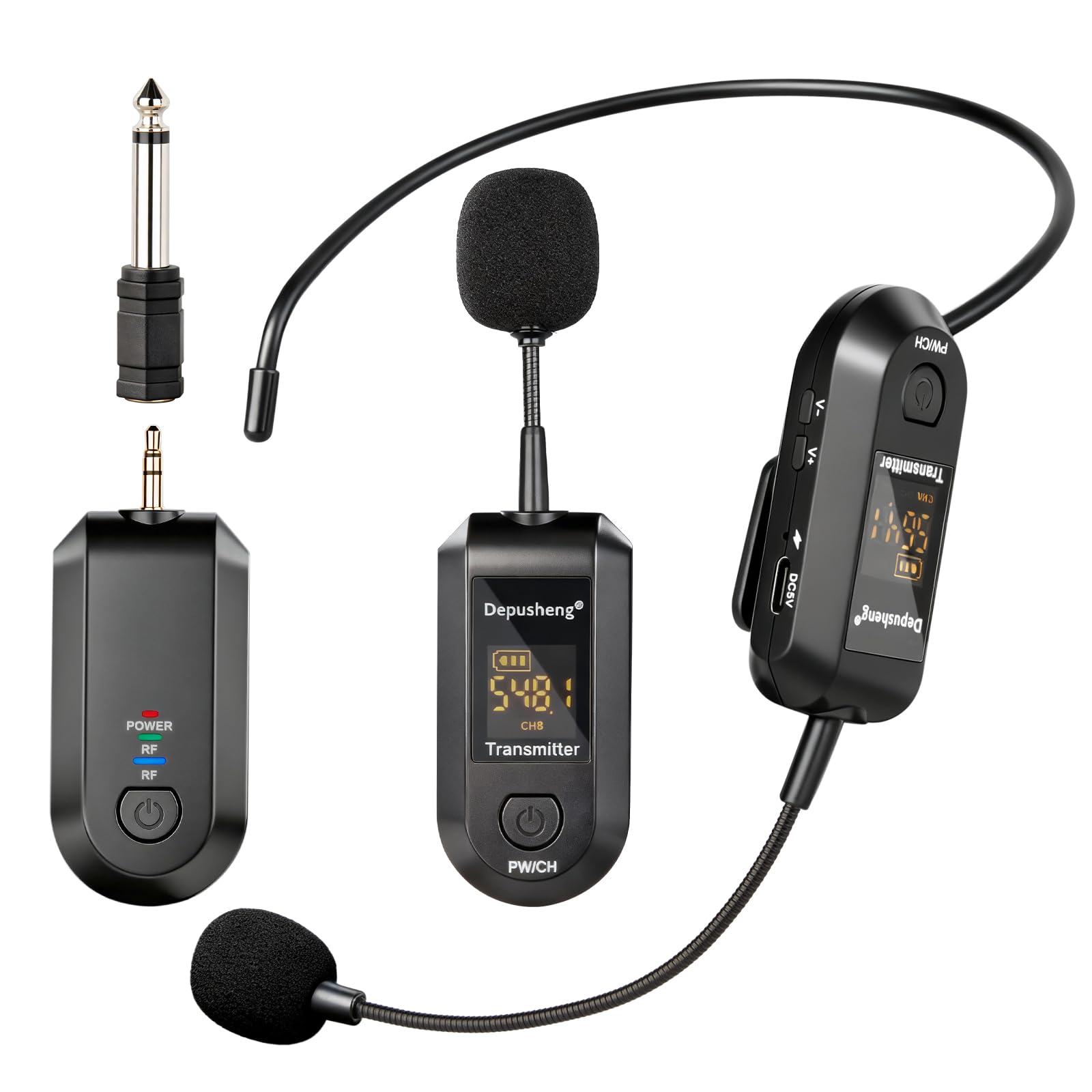 Depusheng 2.4G Wireless Microphone Headset,Lavalier and Handheld Mic 160ft Range,with 1/8&1/4 Plug for PA System,Voice Ampli