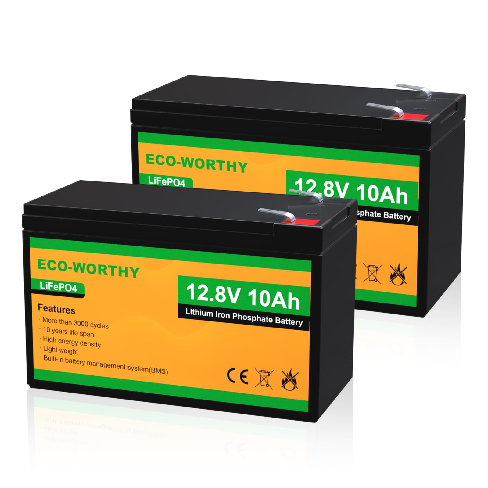 ECO-WORTHY 2 Pack 12V 10Ah LiFePO4 Lithium Battery, 3000+ Deep Cycle Rechargeable Battery, Perfect for Kids Power Wheels, UPS, L