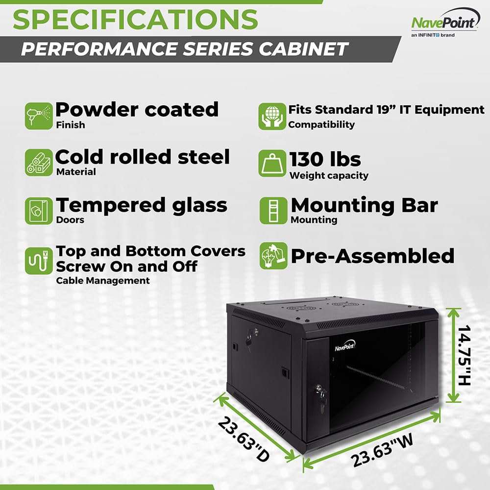 Navepoint 6U Server Cabinet Wall Mount Rack Enclosure Includes 2 Fans, Locking Glass Door, Removable Side Panels   6U Network Ca