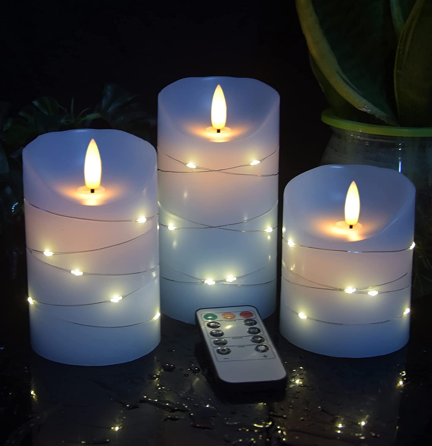 Danip Sky Blue Led Flameless Candle, With Embedded Star String, 3 Piece Set Of Led Candles, With 11 Button Remote Control, 24 Ho