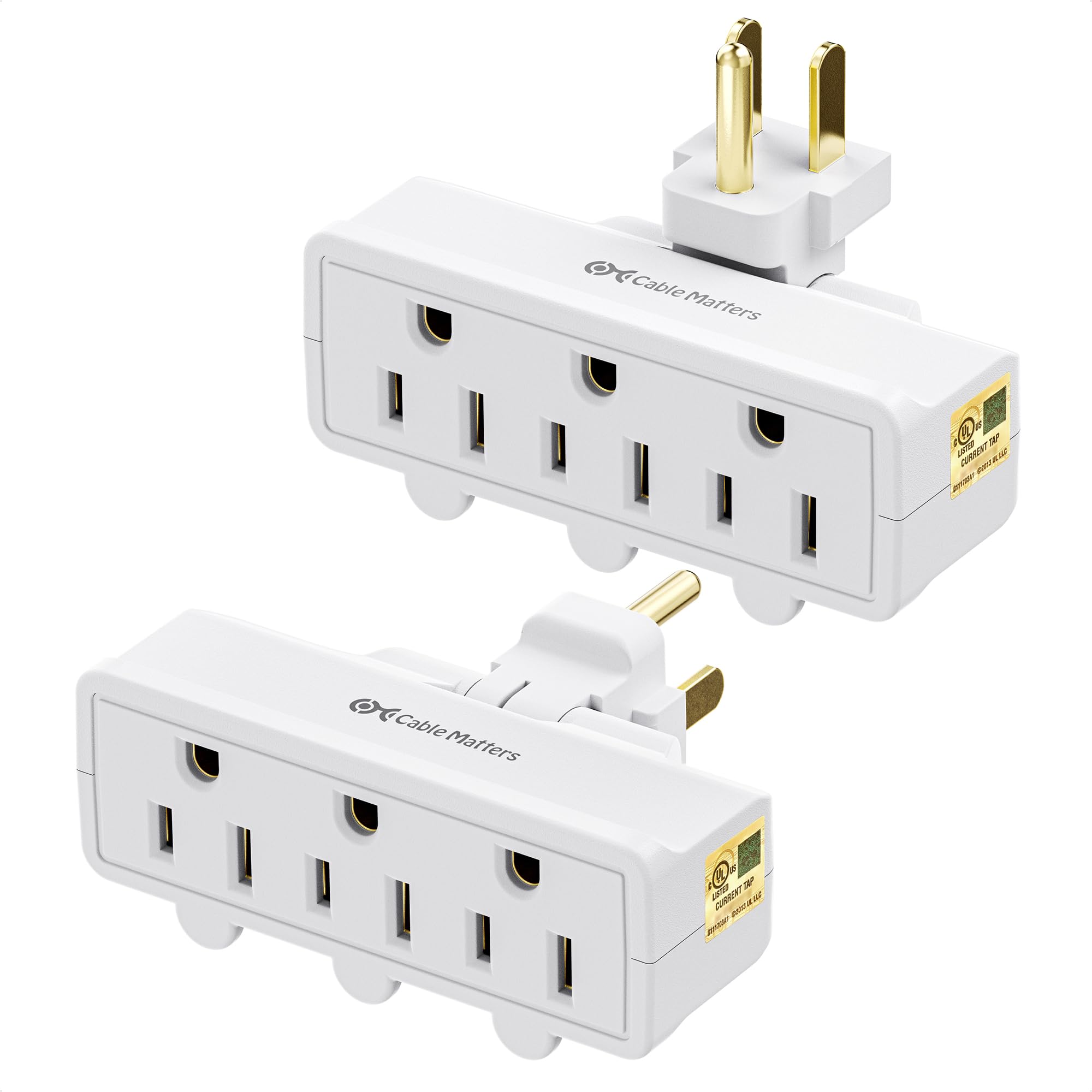 [Ul Listed] Cable Matters 2 Pack 3 Outlet Grounded 180 Degree Swivel Wall Tap In White, (Swivel Outlet, 3 Plug Outlet Adapter, M