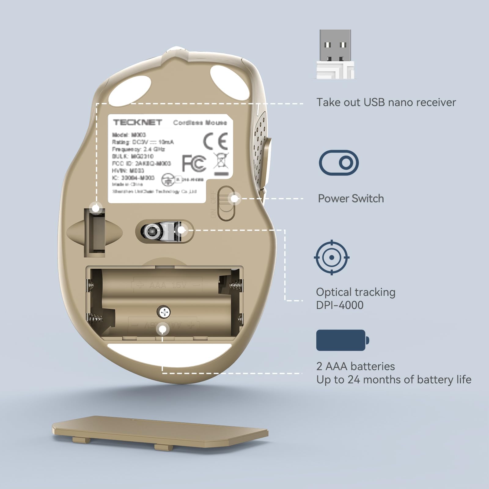 Tecknet Wireless Mouse, 2.4G Ergonomic Optical Mouse, Computer Mouse For Laptop, Pc, Computer, Chromebook, Notebook, 6 Buttons, 24 Months Battery Life, 2600 Dpi, 5 Adjustment Levels