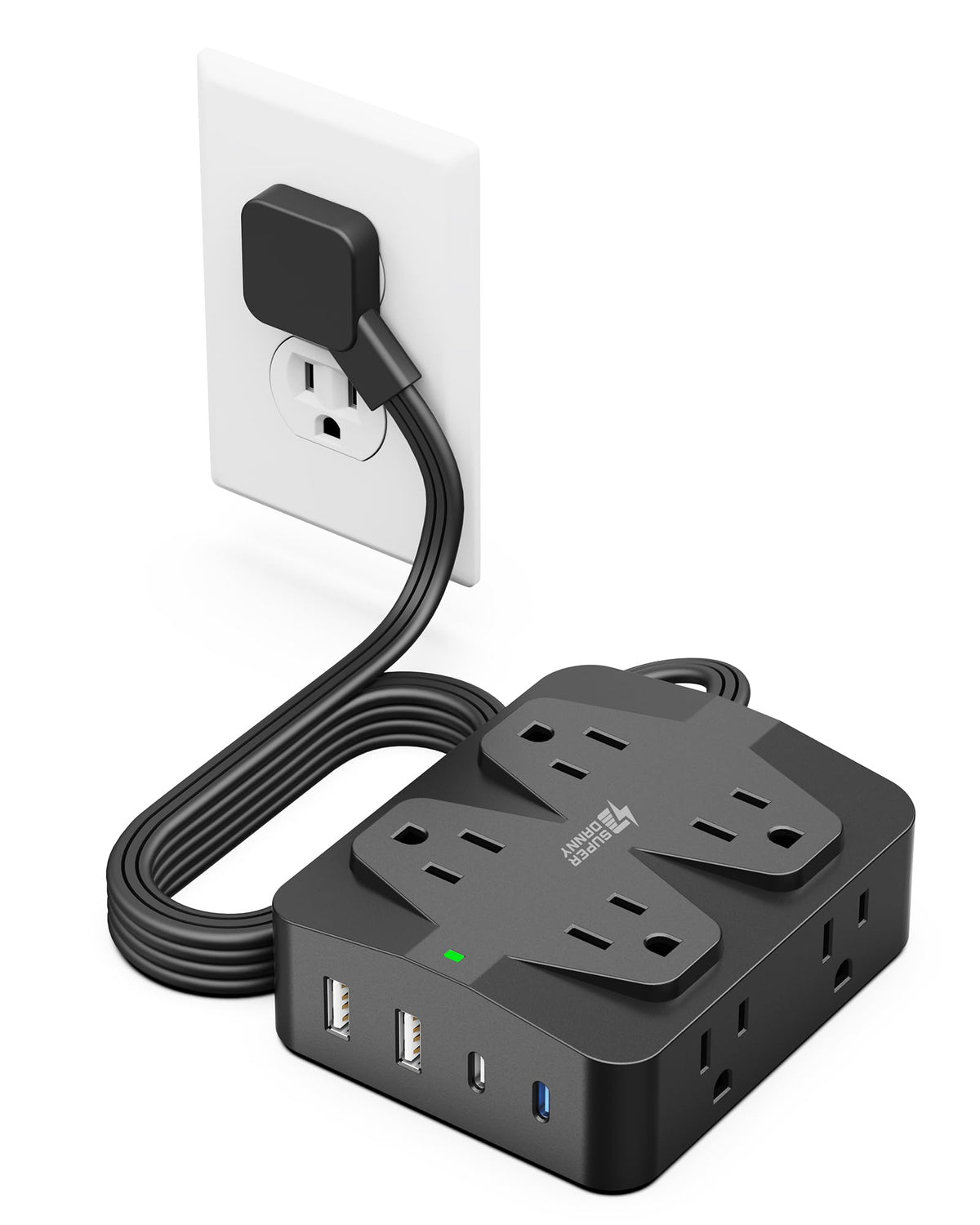 35W Fast Charging Power Strip, Superdanny 6Ft Flat Plug Extension Cord (13A/1625W) With 8 Wide Outlets & 4 Usb Ports, Wall Mount