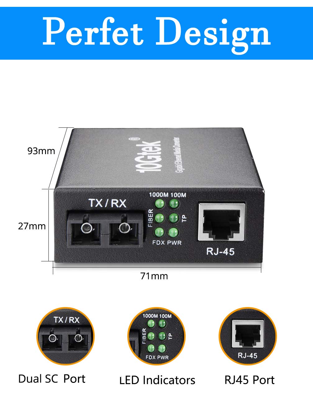 Fiber To Ethernet Media Converter, Gigabit Single Mode Dual Sc Converter, Built In Fiber Module Up To 20Km, Dual Sc To 10/100/10