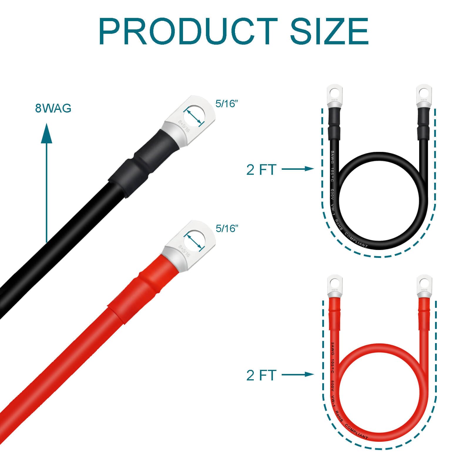 Qiatol 8Awg Battery Cables With 5/16 Inch Copper Terminals(4Pcs 2Ft).