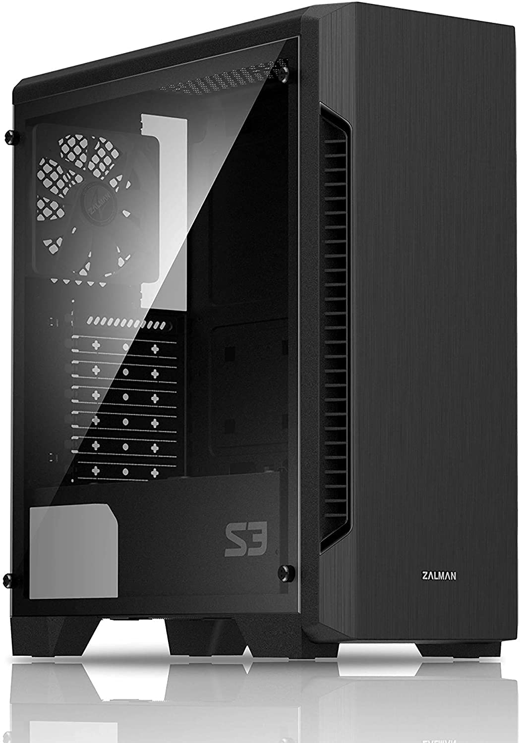 Zalman S3 Tg - Atx Mid Tower Computer Pc Case - Tempered Glass Side Panel - 3 X 120Mm Case Fan Pre-Installed, Black