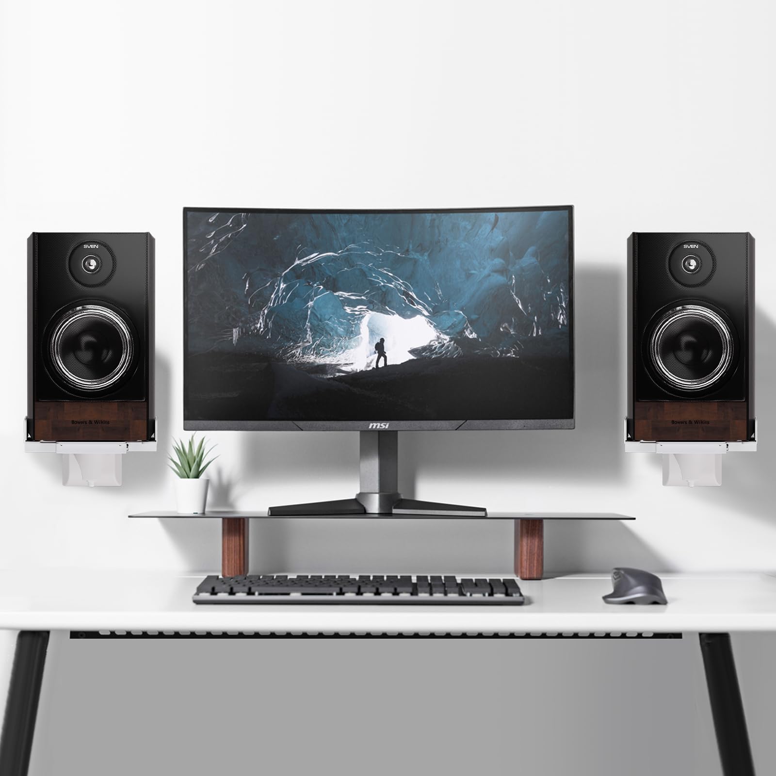 Suptek Dual Side Clamping Bookshelf Speaker Wall Mounting Bracket For Large Surrounding Sound Speakers, Hold Up To 55 Lbs, White