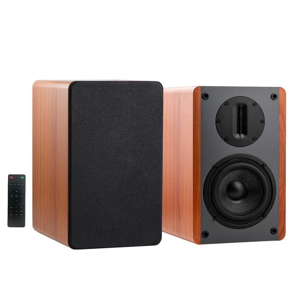 SAMTRONIC Active Bookshelf Speakers 5.25 High Output Woofer and 4 inches Ribbon Tweeter Brown Color, Bluetooth V5.0,RCA,Optical,