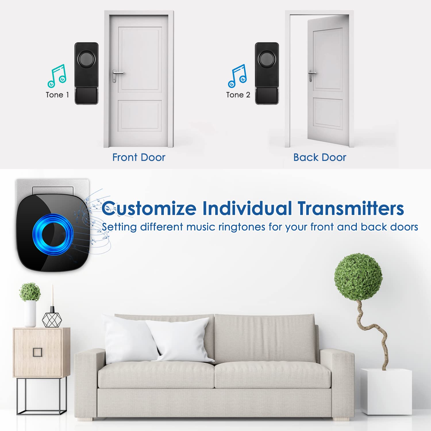 PHYSEN Wireless Doorbell Kit - 58 Ringtones, 5 Volume Levels, 1300-ft Range, 2 Transmitters, 3 Receivers, Black, Model CWUSW