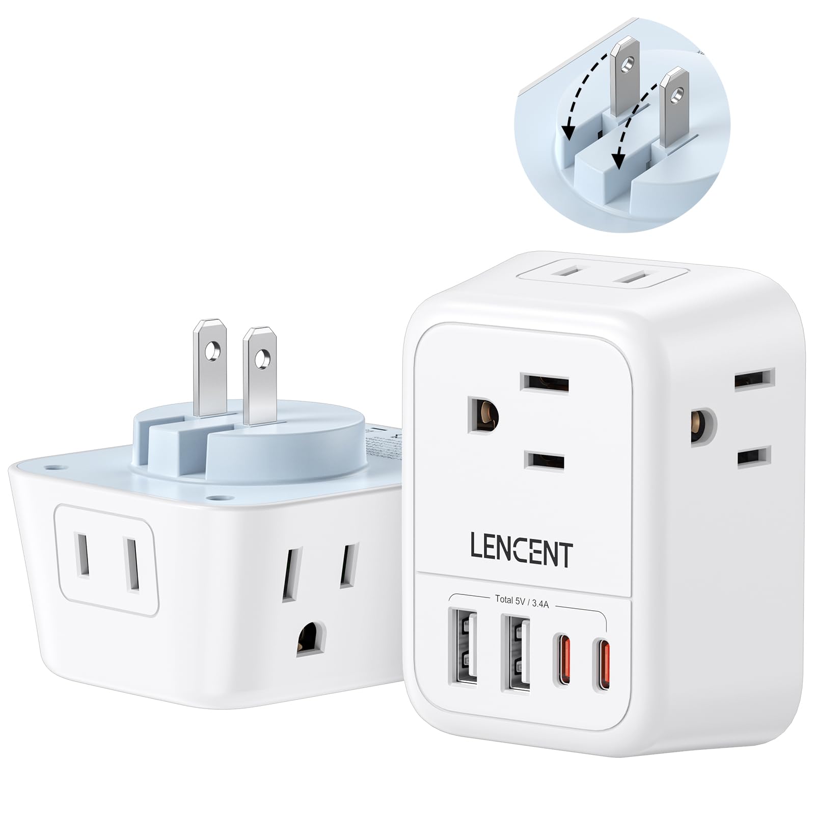 Lencent Foldable Japan Travel Adapter, 2 To 3 Prong Outlet Adapter, Us To Japan Plug Adapter With 4 Ac Outlets 4 Usb Charger Cub
