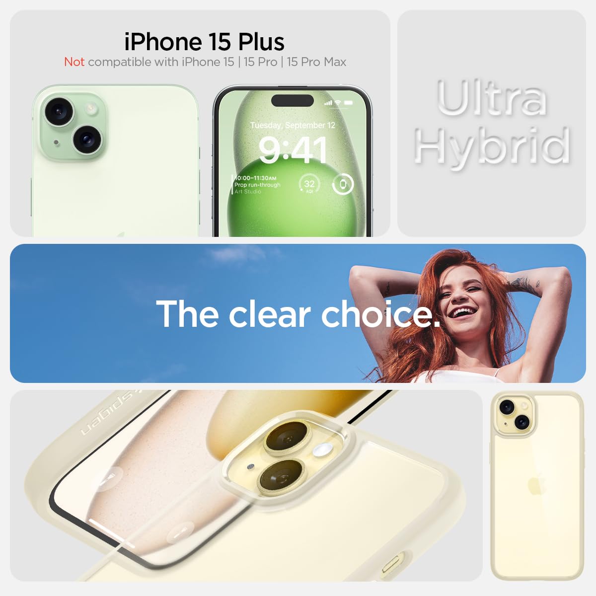 Spigen Ultra Hybrid Designed For Iphone 15 Plus Case (2023) [Anti Yellowing], [Military Grade Protection]   Mute Beige