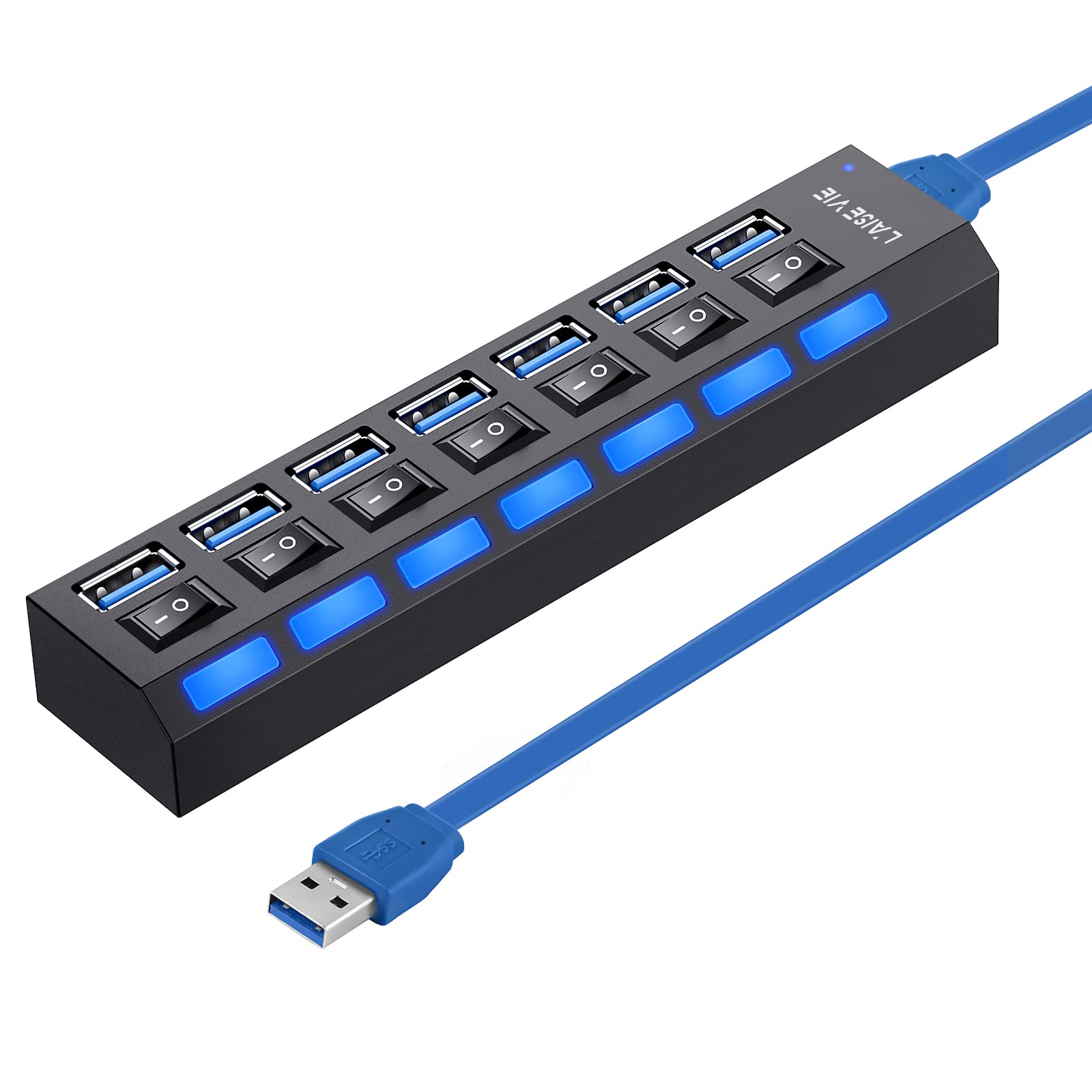 USB 3.0 Hub, 7 Ports USB Splitter USB A Port Data Hub with Independent On/Off Switch and LED Indicators, Lights for Laptop, PC, 