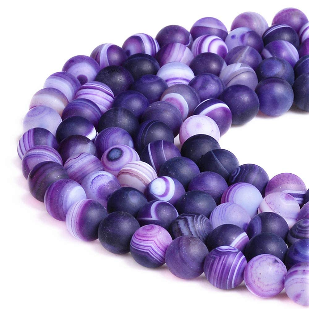 Pltbeads Gorgeous Purple Stripe Agate Natural Gemstone Loose Beads 8Mm Matte Round Approxi 15 Inch Diy Bracelet Necklace For Jew