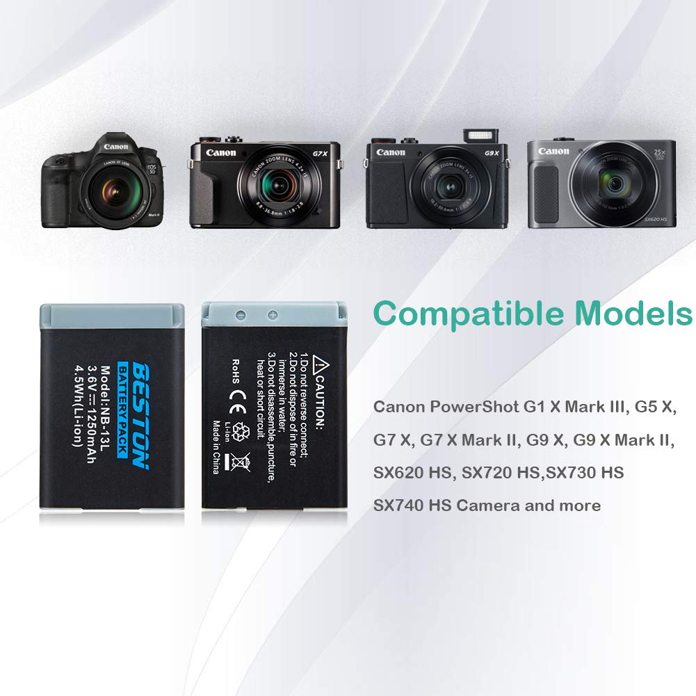 Beston 2 Pack Nb 13L Battery Pack And Rapid Usb Charger For Canon Powershot Sx620 Hs, Sx720 Hs, Sx730 Hs, Sx740 Hs, G1 X Mark Iii, G5 X, G7 X, G7 X Mark Ii, G9 X, G9 X Mark Ii Cameras