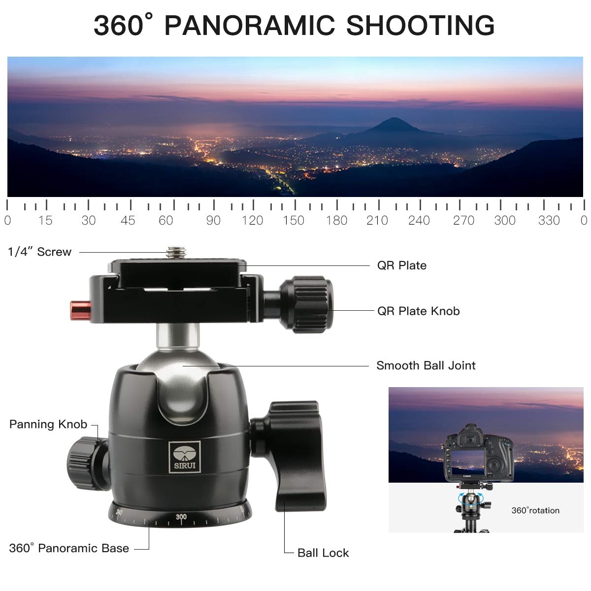 Sirui Traveler 5Ax 52'Aluminum Camera Tripod, 360� Panorama B 00K Ball Head And Arca Swiss Quick Release Plate, Folded Height 12.4', Load Up To 6Kg/13.2Lbs