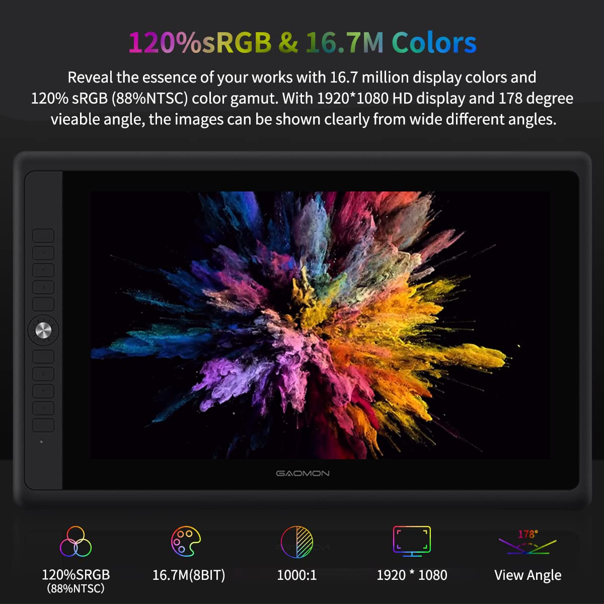 Gaomon Pd156Pro   15.6'' Drawing Tablet With Screen Full Laminated 120% Srgb Pen Display With Dial Key & 10 Hotkeys, Battery Fre