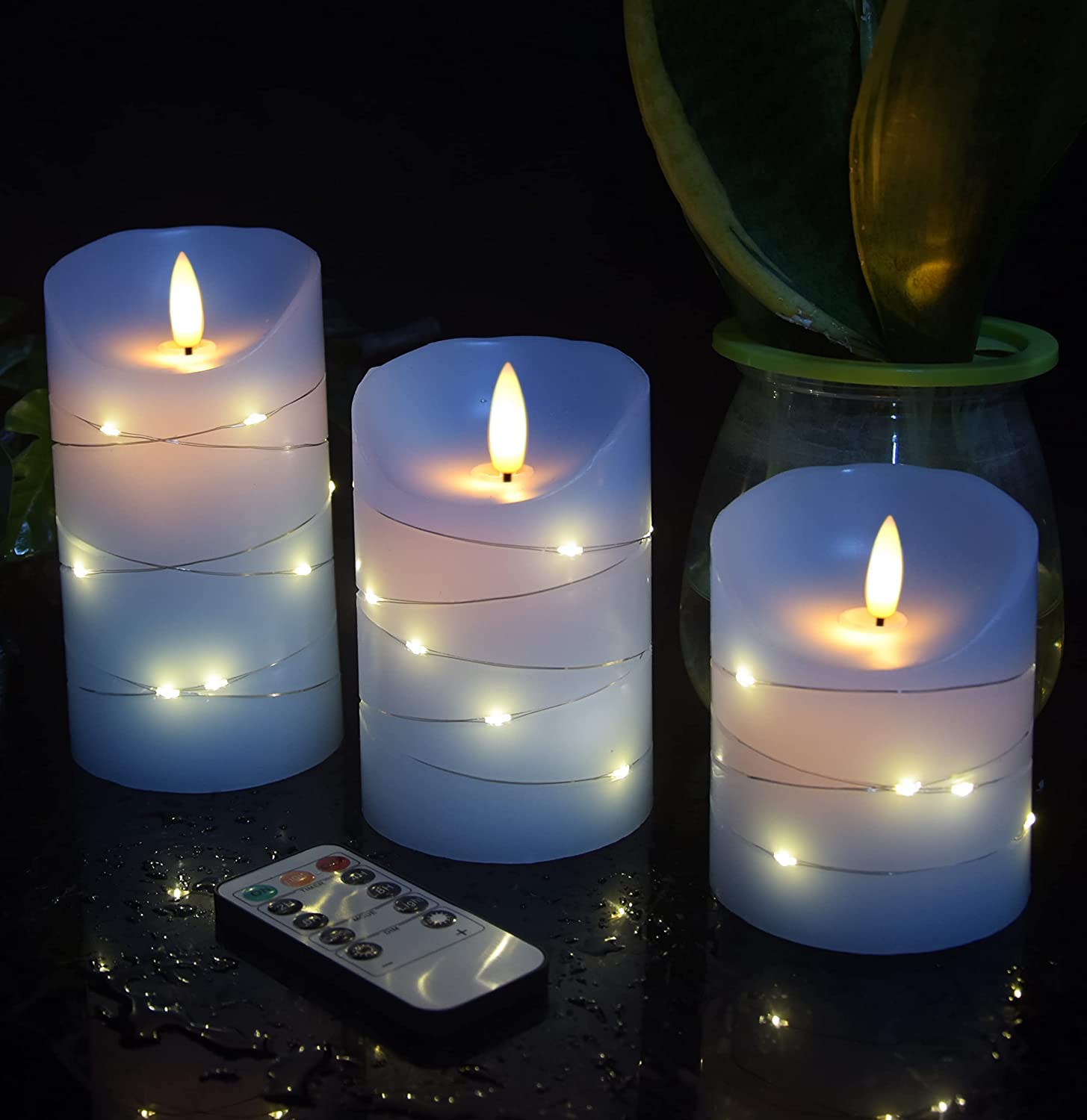 Danip Sky Blue Led Flameless Candle, With Embedded Star String, 3 Piece Set Of Led Candles, With 11 Button Remote Control, 24 Ho