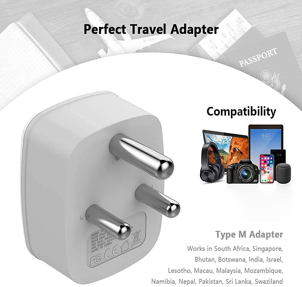 Tessan South Africa Power Adapter, Grounded Travel Plug Adaptor With 2 Usb &1 American Outlet Charger For Type M Country Such As