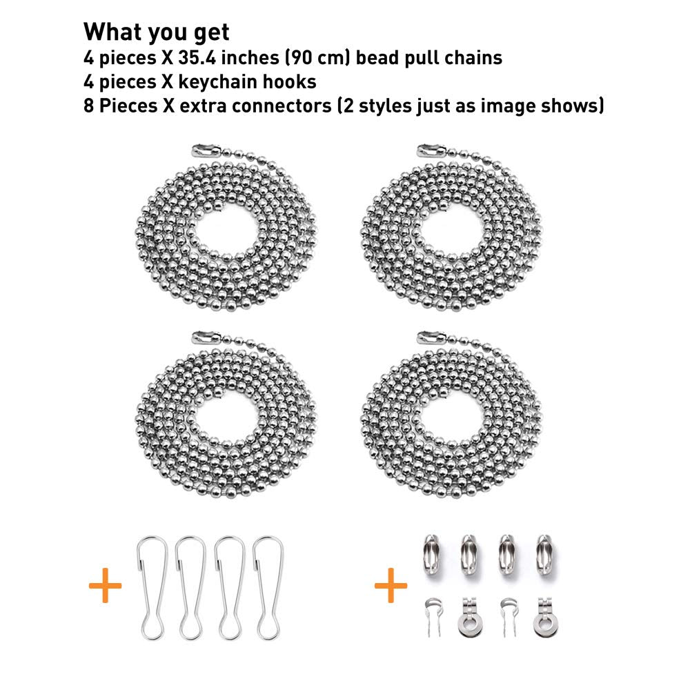 Wayilea Ceiling Fan Pull Extension Chain Set, Light Chain Extender Stainless Steel Silver 3.2Mm Beaded Ball, Fan Cord Pull Strin
