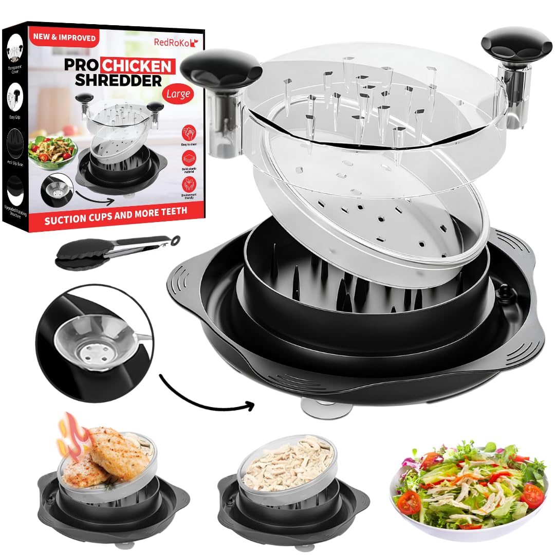 Redroko Pro Chicken Shredder With Suction Cups   Large Chicken Shredder Tool Twist With Ergonomic Handle, Transparent Lid & Anti