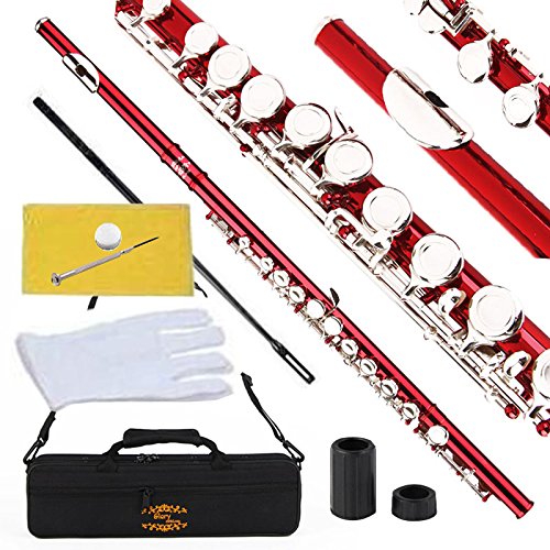 Glory Closed Hole C Flute With Case, Tuning Rod And Cloth,Joint Grease And Gloves, Red