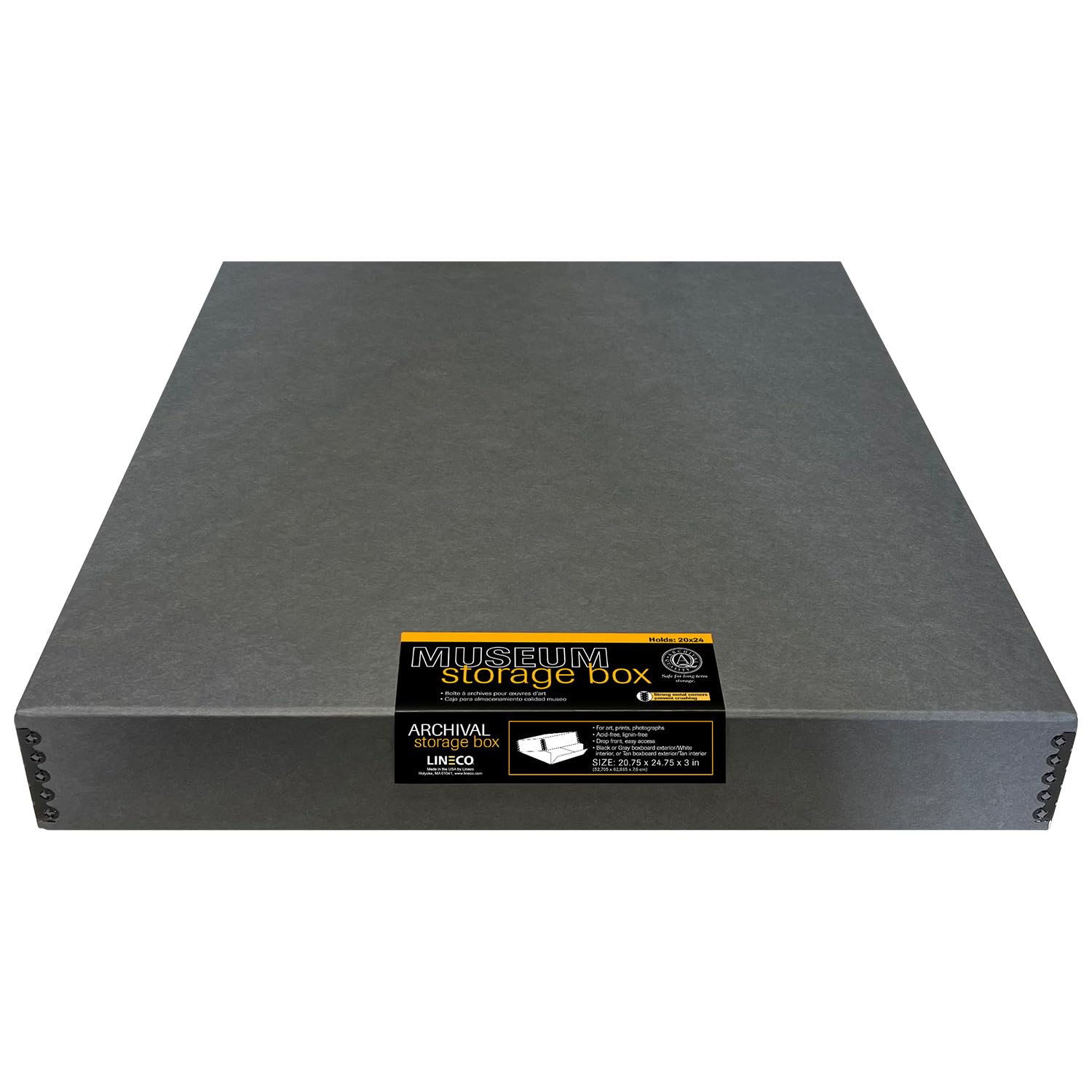 Lineco Museum Archival Storage Box, 20.75X24.75X3 In. Drop Front Design. Acid Free With Metal Edge. Organize Photos, Pictures, Prints, Documents, Crafts, Diy. Gray, 1 Pack