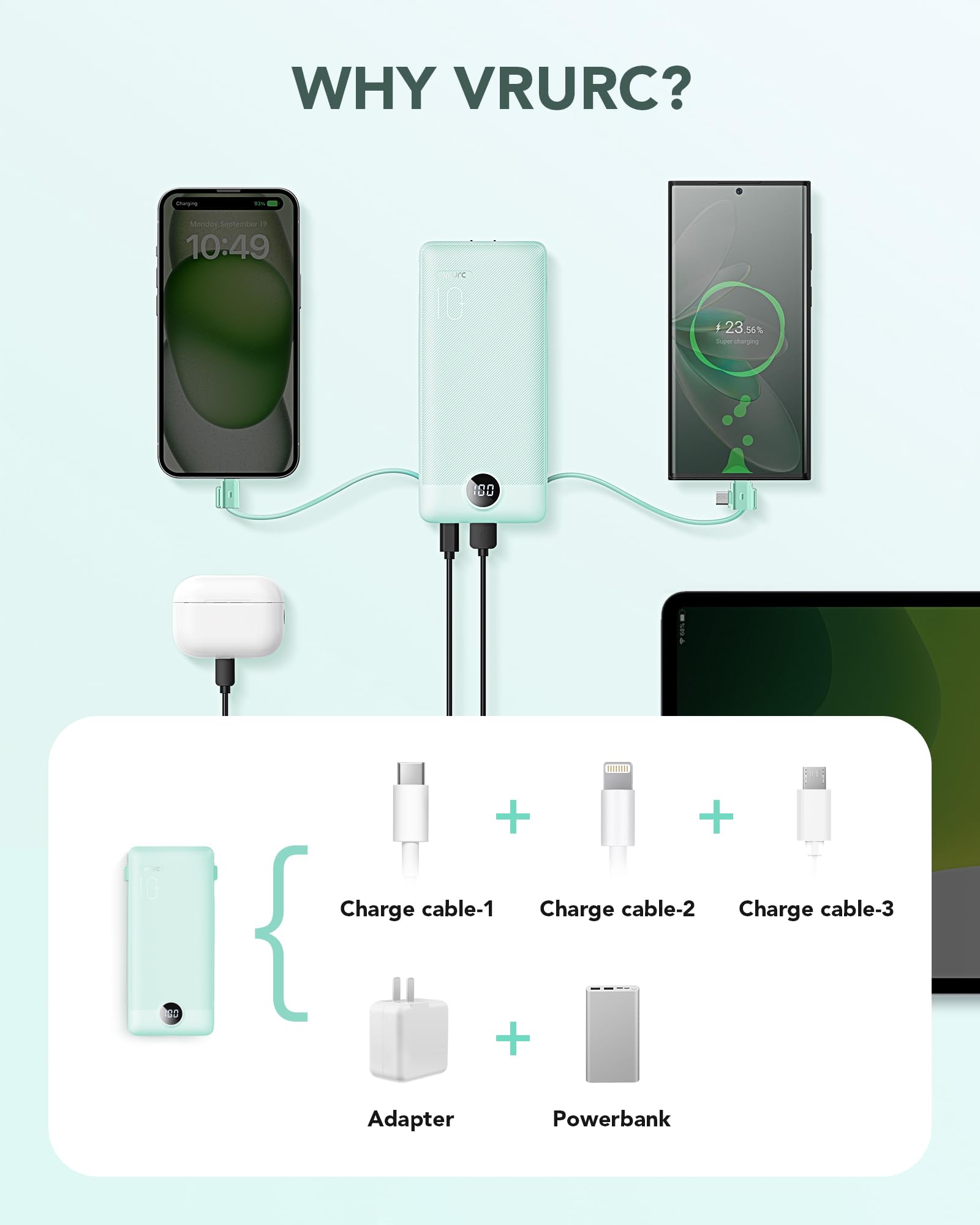 Vrurc Portable Charger Built-In Cables And Ac Wall Plug, Usb C Power Bank 10000Mah, Portable Phone Charger Compact Lightweight E