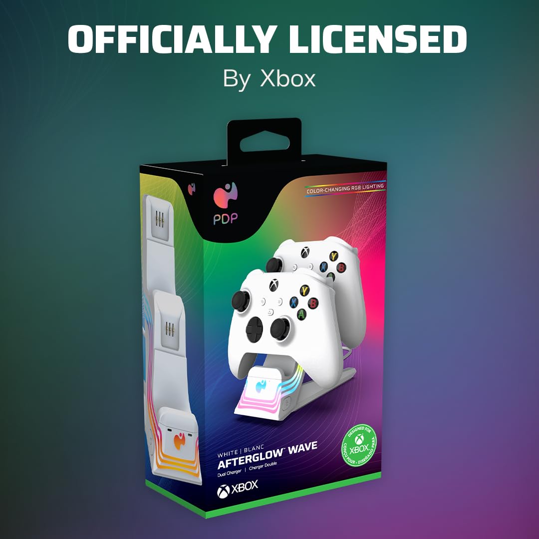 Pdp Afterglow Wave Led Dual Gaming Charger For 2 Xbox Controllers, Customizable Rgb Lighting Effects - White