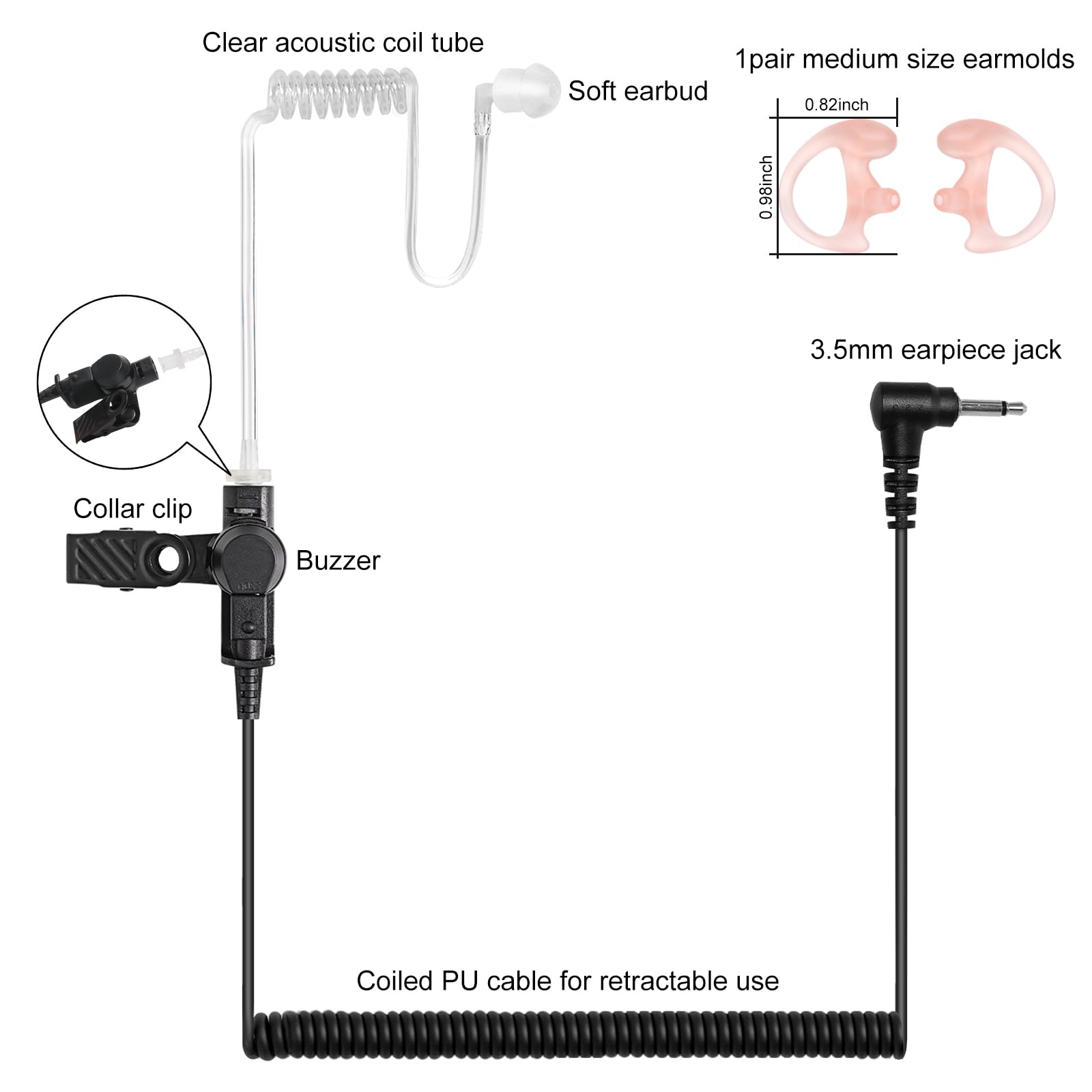 3.5Mm Listen Only Earpiece For Speaker Mic Of Motorola Btech Qhm22 Kenwood Commountain Baofeng Etc, For Police Security And Law