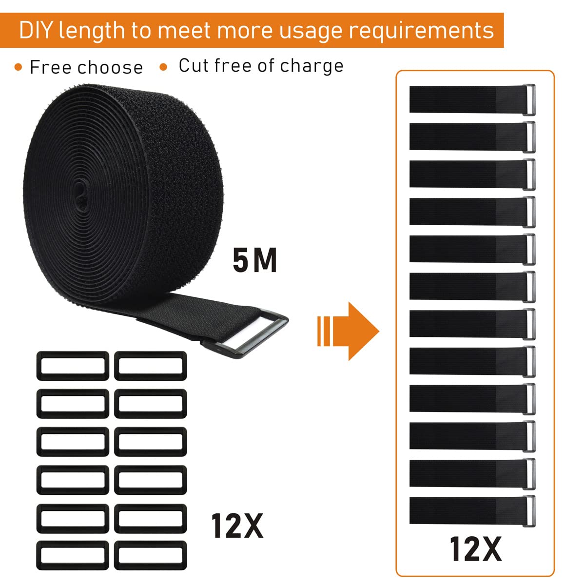 Wszjinb 16Ft X 2In Adjustable Cable Straps With 12 Buckles, Free Cut Length, Black Reusable Fastening Cable Ties, Hook And Loop