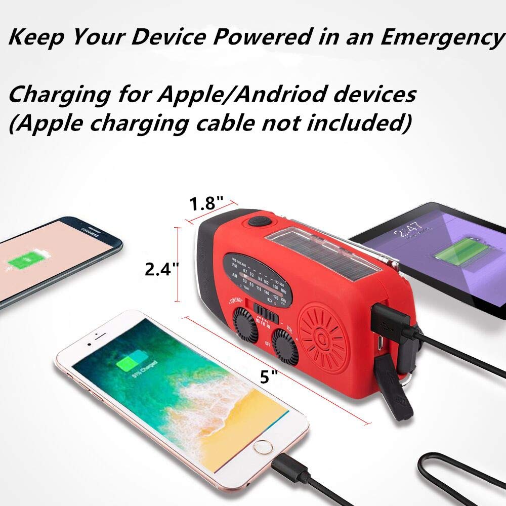Handsider Solar Hand Crank Self Powered Survival Emergency Am Fm Noaa Weather Radio With Led Flashlight, 2000Mah Power Bank For