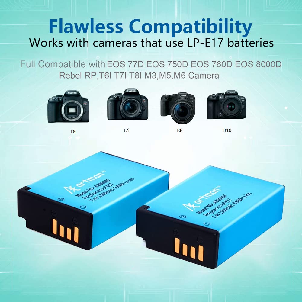 Artman 2 Pack Lp E17 Batteries And Rapid Dual Usb Charger For Canon Eos R50 Rp R10 R8,Rebel T8I, T7I, T6I, T6S, Sl2, Sl3, Eos M3