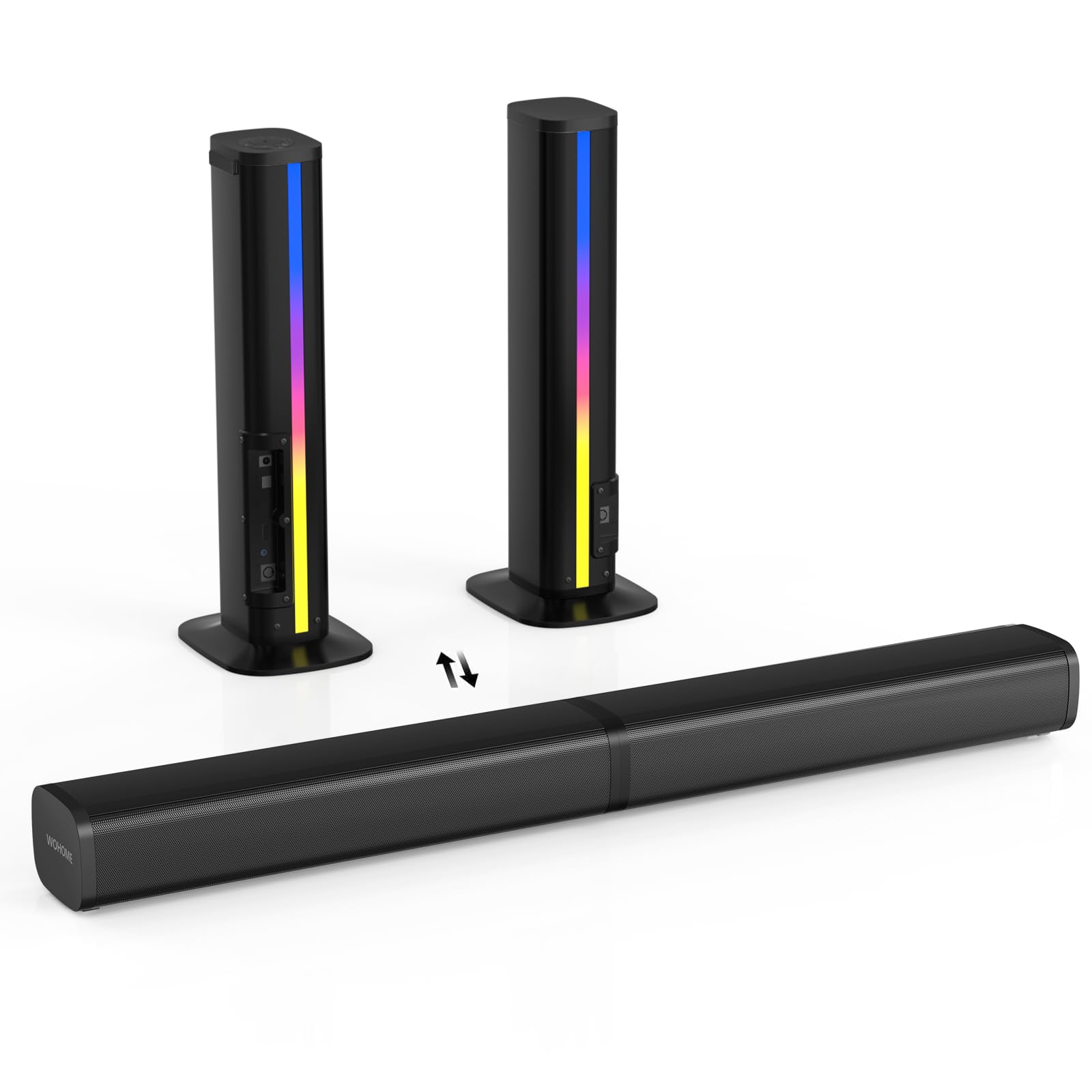Wohome 2.2 Sound Bar For Tv With Built In Subwoofers, 32 Inches Detachable Soundbar Speaker, Bluetooth 5.3/Optical/Aux/Usb Connection With Colorful Backlight (Black)