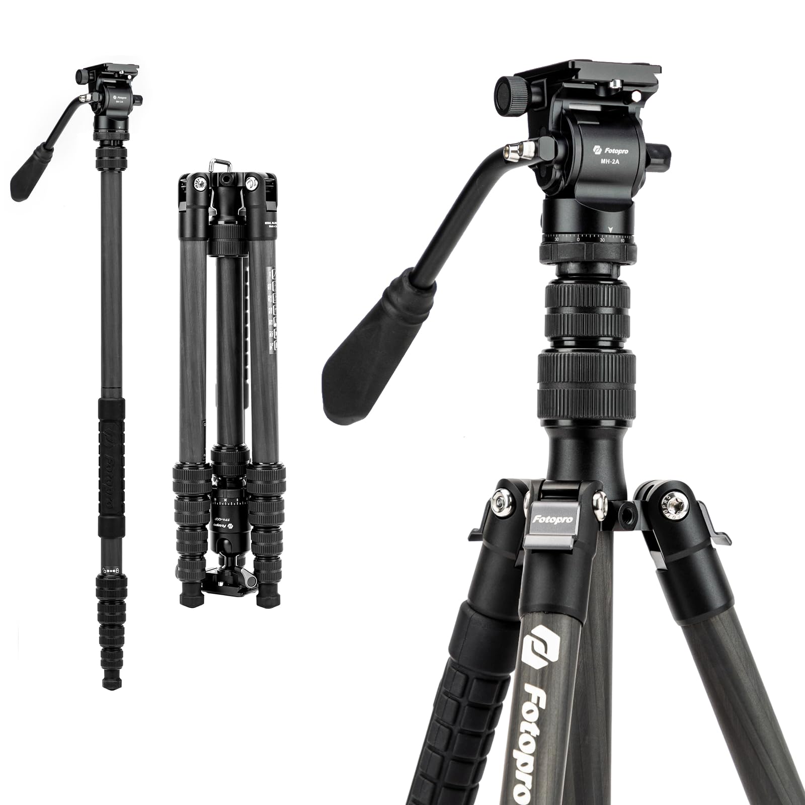 Fotopro 59'' Carbon Fiber Travel Tripod, Compact Camera Tripod With Fluid Head, Detachable Monopod With Quick Release Plate And
