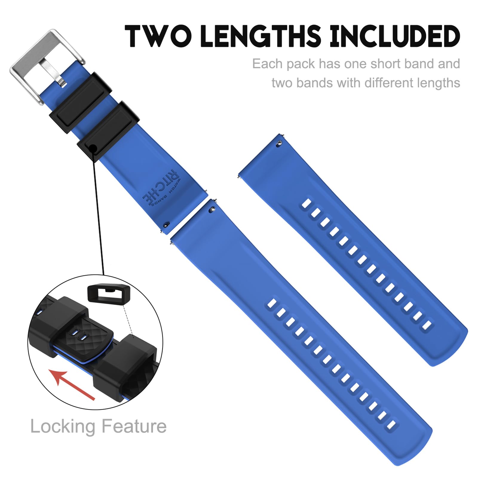 Ritche Christmas Gift 24Mm Silicone Watch Band Quick Release Rubber Watch Bands For Men Women   Black Top Blue Bottom Silver Buc