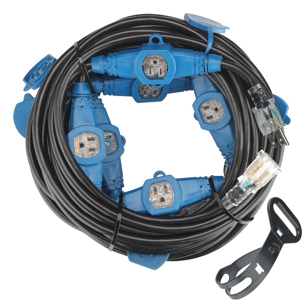30 Feet Multi Outlet Extension Cord 12 Gauge,7 Nema 5 15R Evenly Spaced Outlets With Blue Indicators,Male Plug To Female Connect