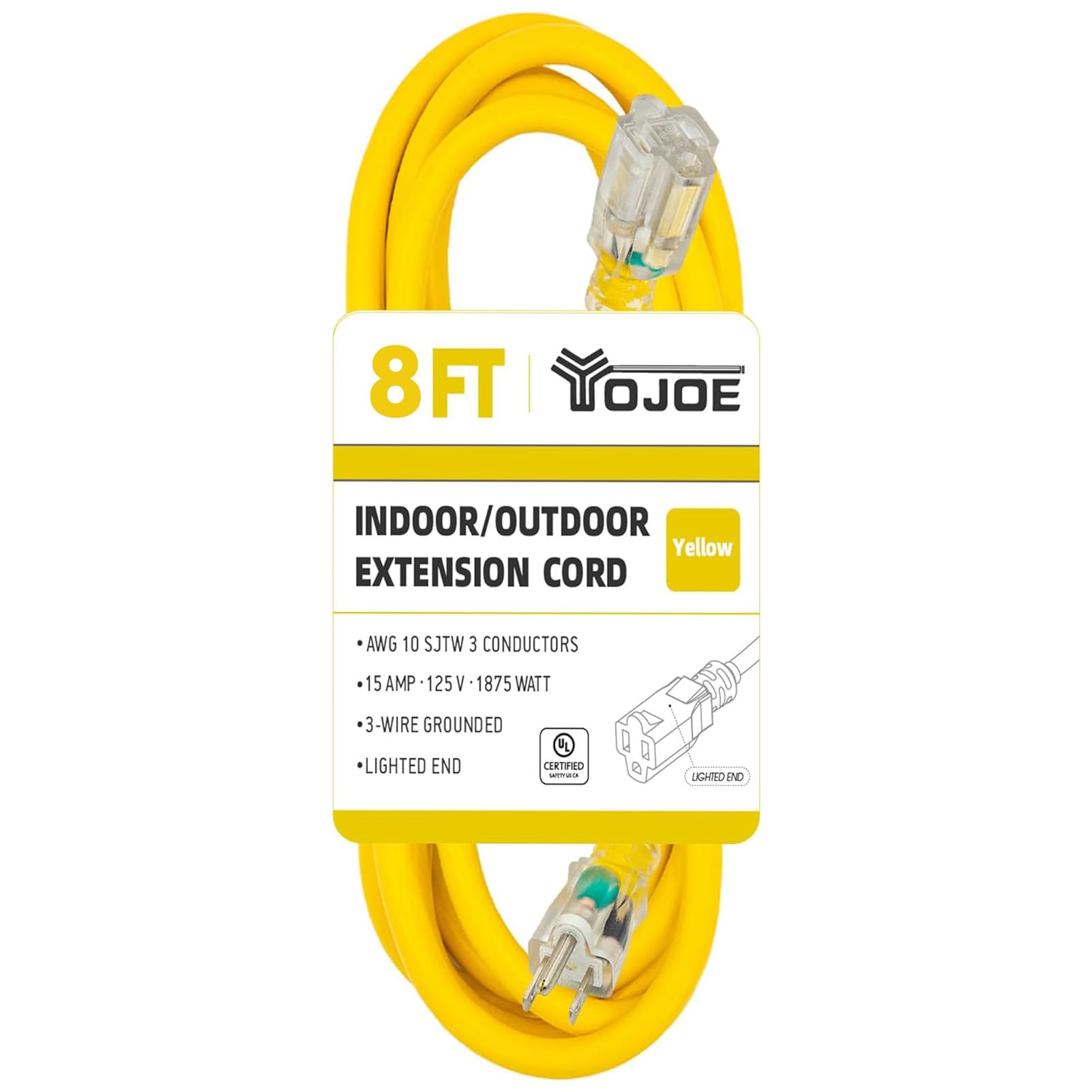 Yojoe Indoor Outdoor Extension Cord With Lighted End, 3 Prong 15A Weatherproof Power Extension Cord, 10 Gauge Heavy Duty 8 Ft Ye