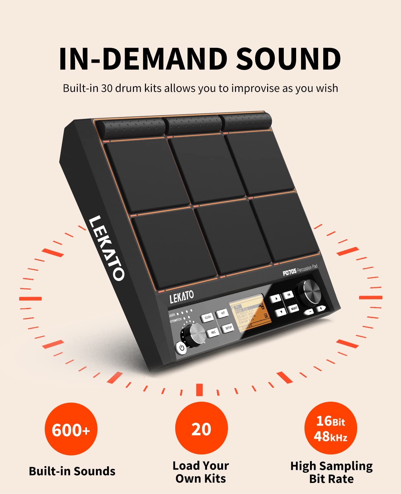 Drum Sample Pad, Lekato Electric Drum Set Pad With 9 Velocity Sensitive Drum Pad, Built In 30 Drum Kits, Percussion Pad Multipad