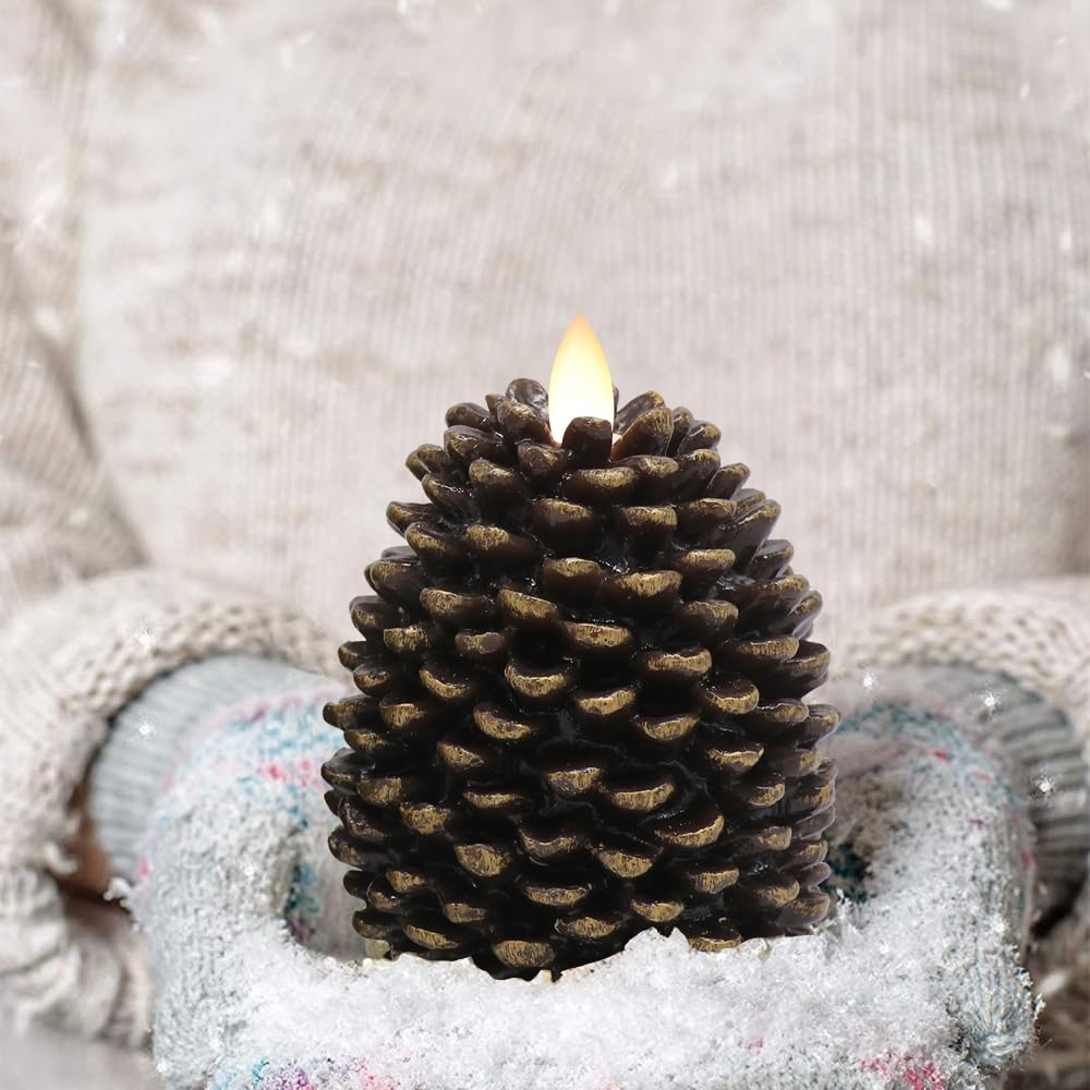 Eldnacele Pine Cone Flameless Candles Battery Operated With 6 Hour Timer Unscented Real Wax Flat Wick Flickering Pinecone Led Ca