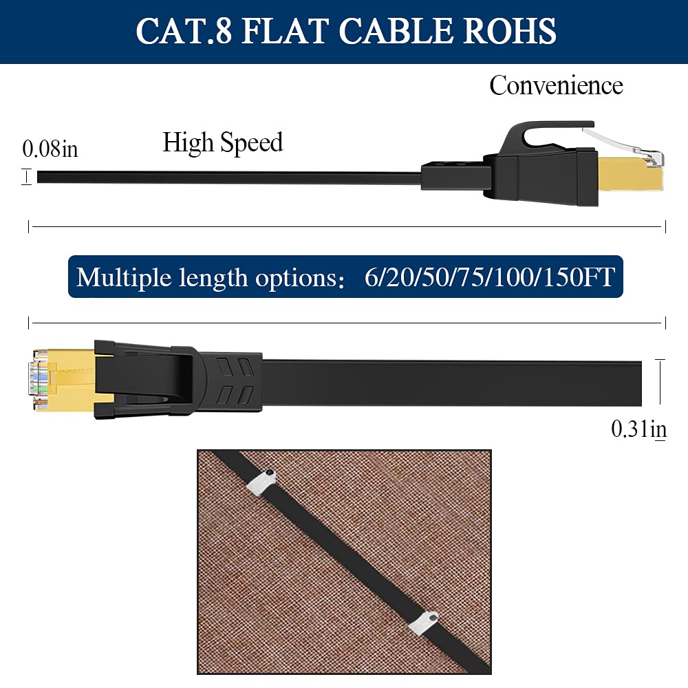 Deego Cat 8 Ethernet Cable 6Ft, High Speed Flat Lan Network Cable Shielded With Gold Plated Rj45 Connector, 30Awg Lan Gaming Eth